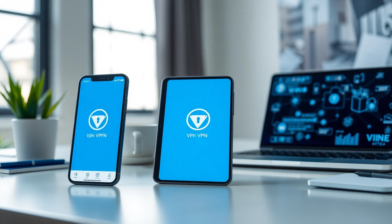 在现代工作空间的多设备上展示的快连 VPN 应用，强调连接性与易用性。