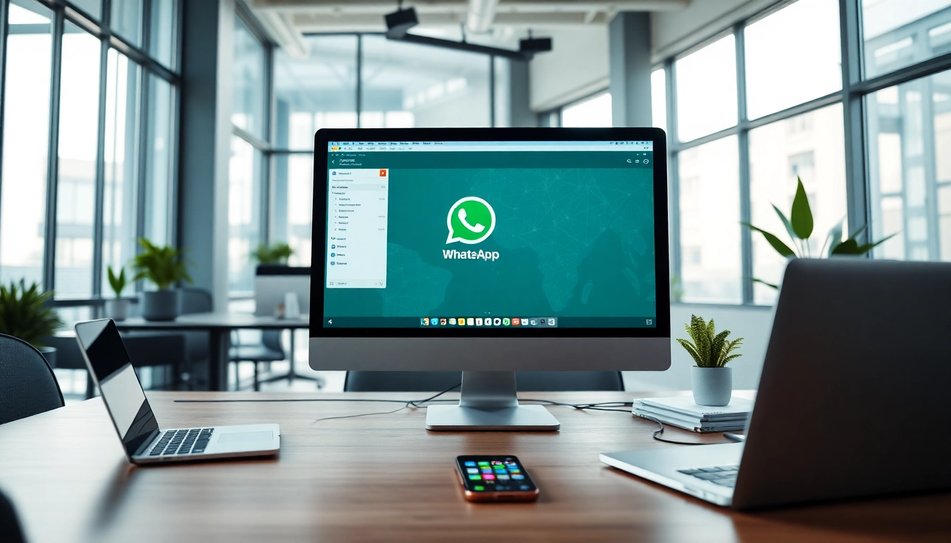 WhatsApp Web interface displayed on a modern desktop in a productive office setting