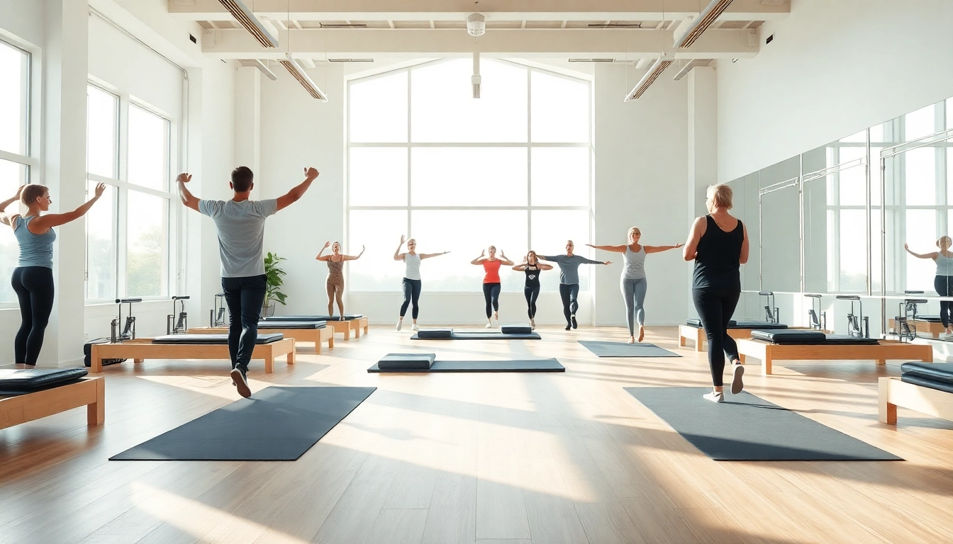 現代的な設備を備え、さまざまな人々が一緒に練習する感動的なピラティススタジオのシーン。ピラティス おすすめを体現。