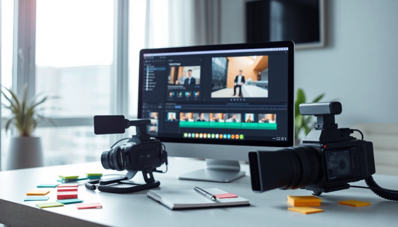 Video to prompt ai setup illustrating a digital workspace with video editing tools and a camera.