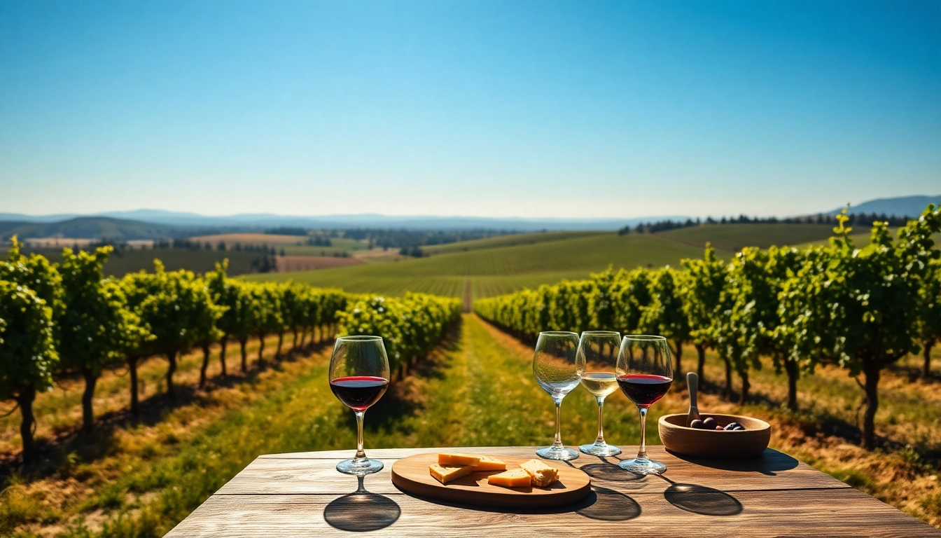 Vibrant scene showcasing the northern california wine country with vineyards and a rustic table.