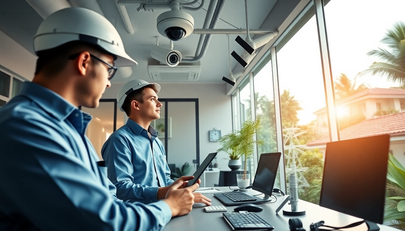 Técnicos profesionales de una empresa de seguridad instalando cámaras CCTV avanzadas y sistemas de alarma en Guanacaste.