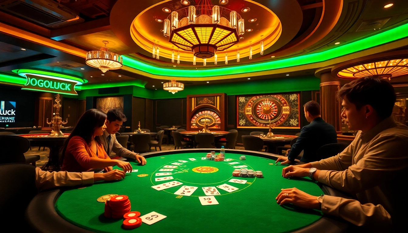 Players enjoying a vibrant poker game at Jogoluck casino with colorful chips and cards.