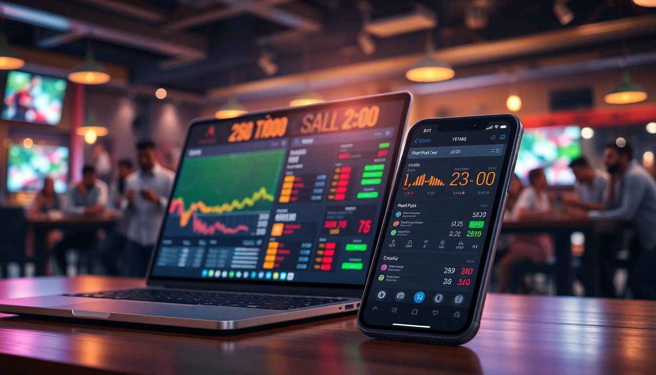 Real-time kèo nhà cái displayed on modern devices in a lively sports bar.