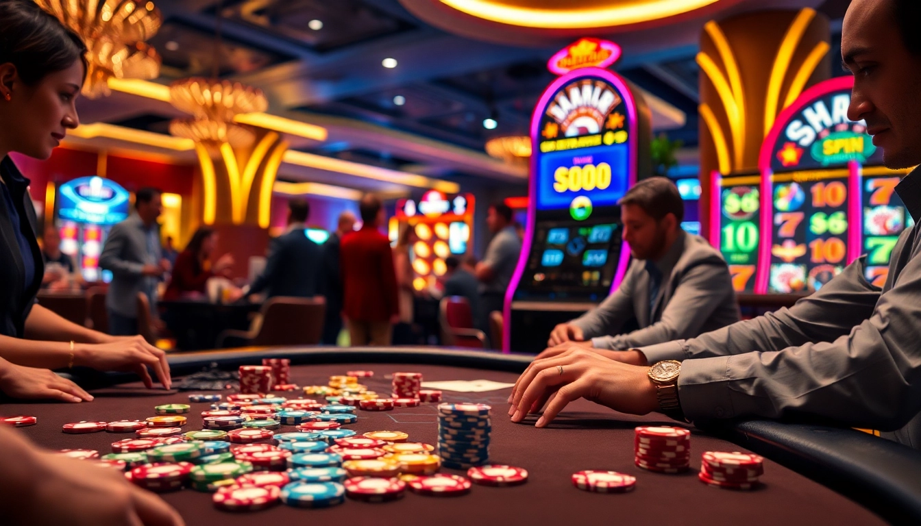 Aksi MABAR88 Spin di meja kasino yang hidup, menampilkan chip poker dan mesin slot yang menarik.