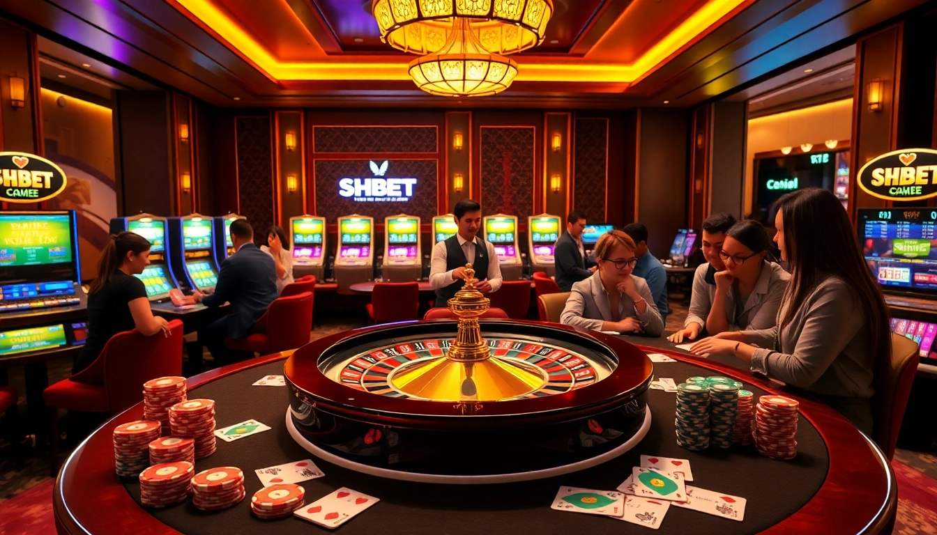 Exciting SHBET gaming atmosphere with vibrant roulette wheel, poker chips, and engaged players.