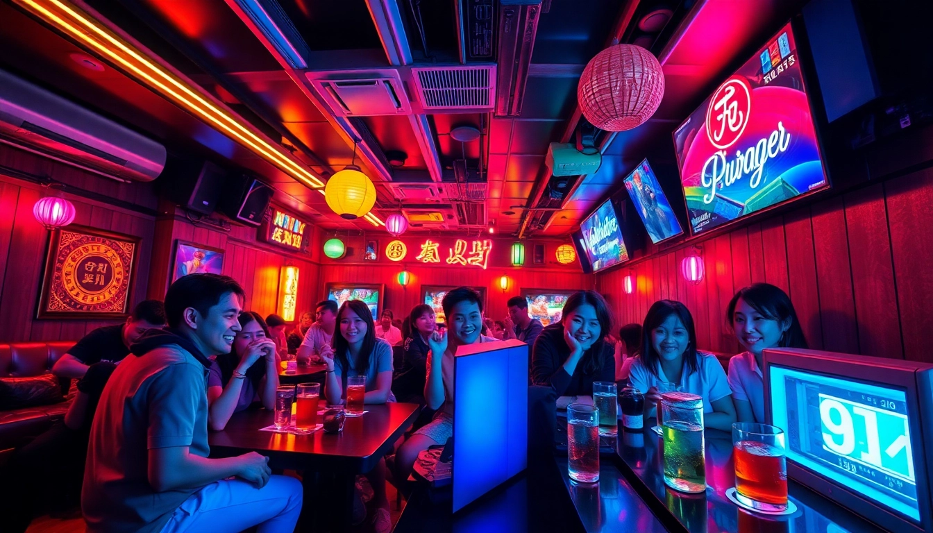활기찬 노래방에서 다채로운 색깔과 미소 짓는 손님들이 있는 제주도유흥 나이트라이프 장면