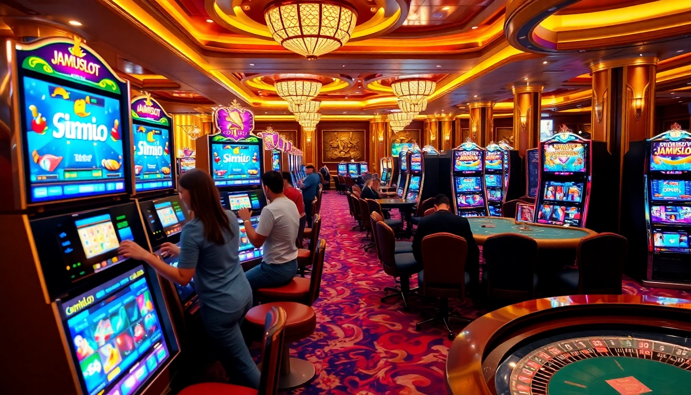 Players enjoying a vibrant jamuslot experience at luxury slot machines in a casino setting.