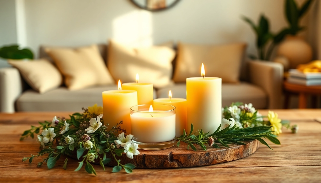 Mirisne svece od sojinog voska prikazane u prijatnom ambijentu.